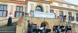 Würdige Kulisse. Die Musiken finden direkt an der Freitreppe des Schlosses statt, die in das Geschehen eingebunden wurde. Die Künstler kamen von der Leipziger Hochschule für Musik und Theater Felix Mendelssohn-Bartholdy. Sie brachten auch die Bühnentechnik mit.
