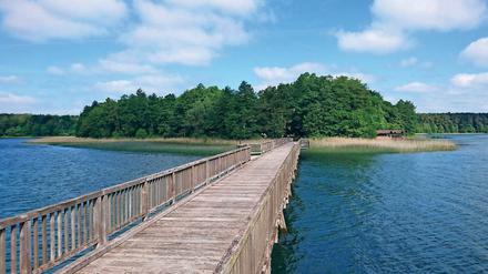 Idyll. Nur eine Holzbrücke verbindet die Herzinsel im Brückentinsee bei Dabelow mit dem Festland.