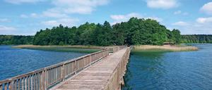 Idyll. Nur eine Holzbrücke verbindet die Herzinsel im Brückentinsee bei Dabelow mit dem Festland.