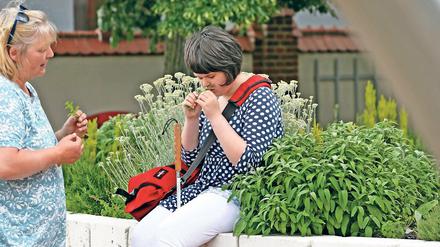 Mit dem Geruchssinn auf Entdeckungstour. Der neue Sinnesgarten auf dem Gelände des Oberlinhauses ist vor allem für jene gedacht, die sich mit ihrer Nase, ihren Händen und ihrem Geschmackssinn in der Welt orientieren, wie etwa die 17 Jahre alte Mireau (rechts). Sie ist blind und autistisch veranlagt.
