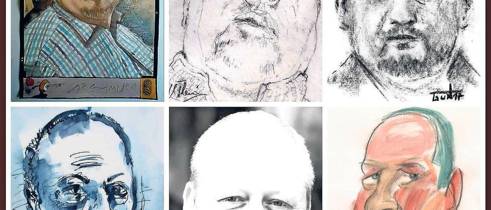 Ein Mensch, sechs Handschriften. Die Porträts stammen von Bernd Chmura, Christian Fleming, Axel Gundrum, Christian Heinze, Joachim Liebe und Wolf-Dieter Pfennig (v.l.), zu sehen im Café Matschke.