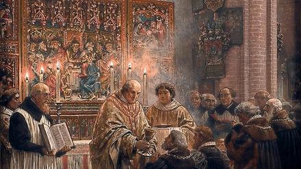 Christi Leib und Blut. Am 2. November 1539 empfangen die Räte von Berlin-Cölln das evangelische Abendmahl (Gemälde von Hermann Knackfuss 1886).