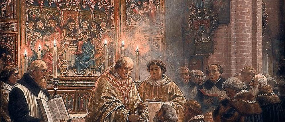 Christi Leib und Blut. Am 2. November 1539 empfangen die Räte von Berlin-Cölln das evangelische Abendmahl (Gemälde von Hermann Knackfuss 1886).