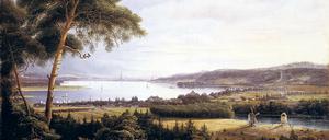 Ein See voller Schiffe. Das Gemälde von Johann Heinrich Hintze zeigt den Blick vom Krähenberg auf Caputh und Potsdam. Es ist um 1836 entstanden. Zu dieser Zeit hatte Caputh nach langen Jahren der Armut endlich einen Wirtschaftszweig gefunden, der Geld in die Kasse brachte: die Schifferei.