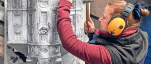 Schloss im Kleinformat. Katrin Radzick von der Bildgießerei Seiler in Schöneiche arbeitet an einem Teil eines Zink-Modells des Schwedter Schlosses im Maßstab 1:33. Obwohl es bereits 1962 abgerissen wurde, ist das Schwedter Schloss in der Stadt noch immer präsent.
