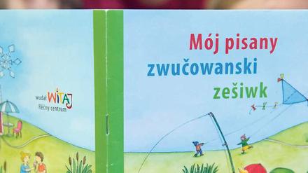 Sprache lernen. Kinder der Sorbischen Kindertagesstätte „Jan Radyserb-Wjela“ schauen in Bautzen in ein Vorschulheft in sorbischer Sprache.