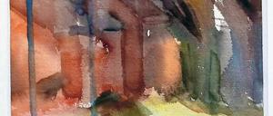 Suchbild. Aquarell „Wittenberge mit Mann“ von Bettina Hünicke.