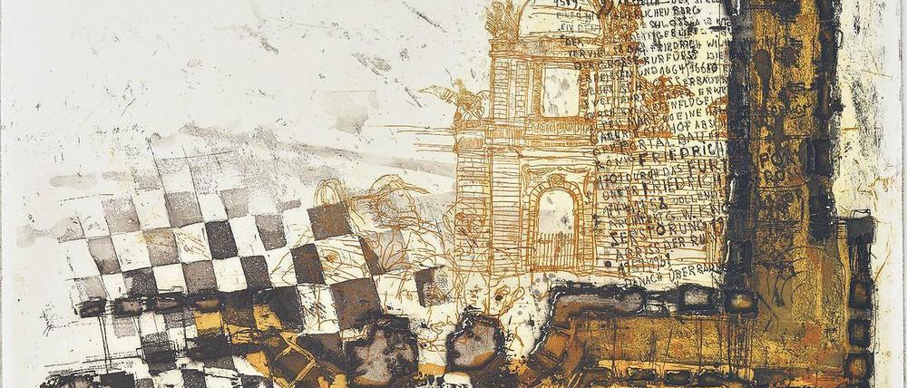 Auf Spurensuche. Christian Heinzes Serie „Spurensuche in Potsdam“ widmet sich motivisch den für die Machtverhältnisse bedeutsamen Gebäuden der Stadt, wie der Garnisonkirche oder, wie auf dem Bild zu sehen, dem ehemaligen Stadtschloss – eine Arbeit aus dem Jahre 1996.