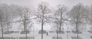 Blick über den verschneiten Platz der Einheit. Das Hotel Mercure ist im Schnee verschwunden, die Nikolaikirche nur noch schemenhaft erkennbar.