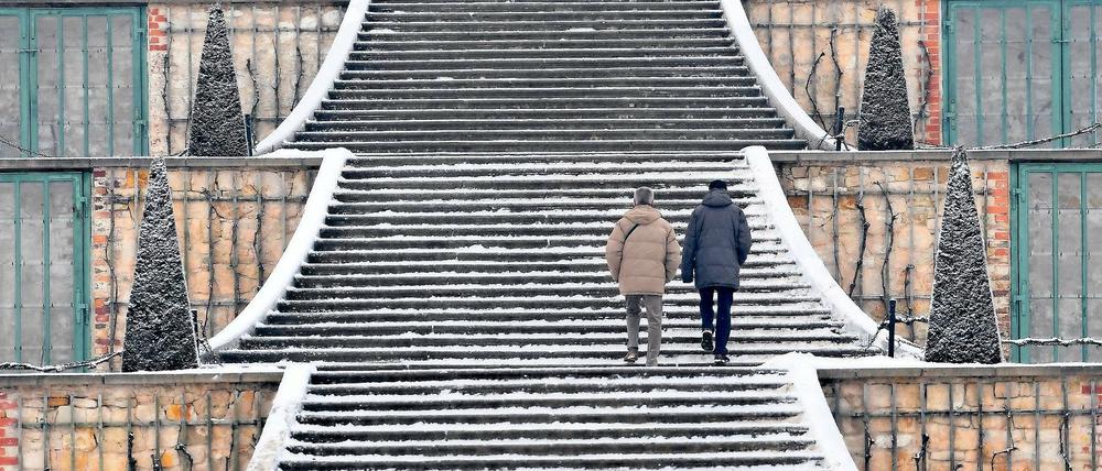 Schneeauf, schneeab. Auch Schloss Sanssouci in Potsdam präsentiert sich winterlich gepudert.