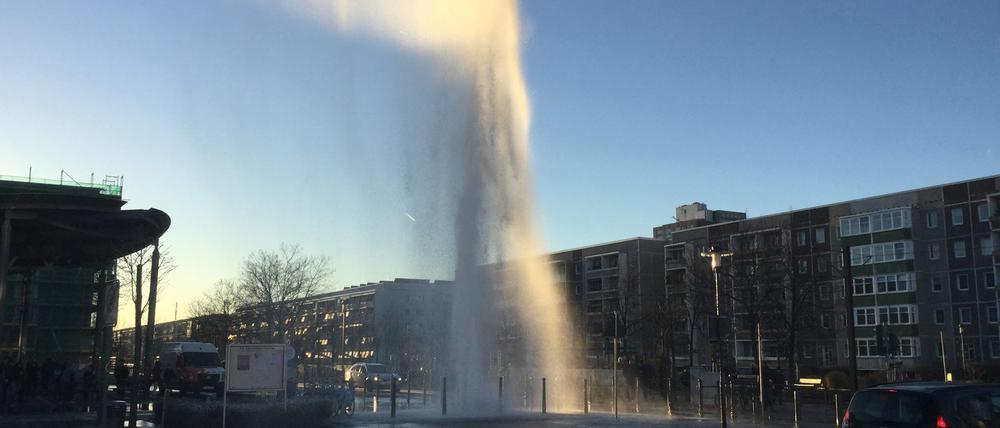 Wie ein Geysir. Eine Havarie in Drewitz sorgte für eine meterhohe Wasserfontäne.