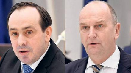 Schlagabtausch. In der Haushaltsdebatte verglich Ministerpräsident Woidke (r.) den CDU-Oppositionsführer Senftleben (l.) wegen seiner Kritik an der Kreisreform mit einem kurzsichtigen Maulwurf.