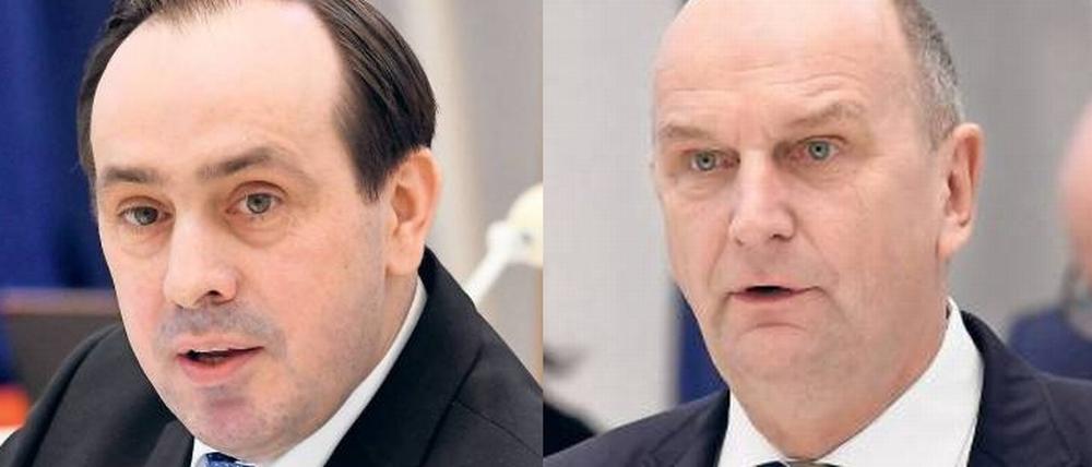 Schlagabtausch. In der Haushaltsdebatte verglich Ministerpräsident Woidke (r.) den CDU-Oppositionsführer Senftleben (l.) wegen seiner Kritik an der Kreisreform mit einem kurzsichtigen Maulwurf.