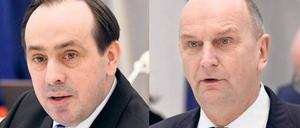 Schlagabtausch. In der Haushaltsdebatte verglich Ministerpräsident Woidke (r.) den CDU-Oppositionsführer Senftleben (l.) wegen seiner Kritik an der Kreisreform mit einem kurzsichtigen Maulwurf.