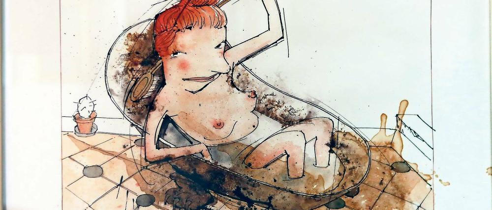 Bibelgeschichten. Peter Menne hat Bathseba gemalt, die nach der ersten Nacht mit König David in der Wanne liegt („Bath-Seba“). Mehr Bibelauslegungen gibt es in der aktuellen Ausstellung von elf Potsdamer Künstlern im Café Matschke.