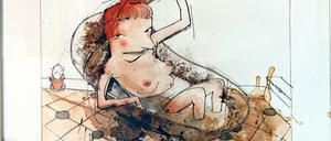 Bibelgeschichten. Peter Menne hat Bathseba gemalt, die nach der ersten Nacht mit König David in der Wanne liegt („Bath-Seba“). Mehr Bibelauslegungen gibt es in der aktuellen Ausstellung von elf Potsdamer Künstlern im Café Matschke.