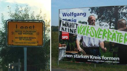 Unbekannte verschandelten Ortseingangsschilder in mehreren Teilen Brandenburgs und Wahlplakate für die Landratswahl in Potsdam-Mittelmark.