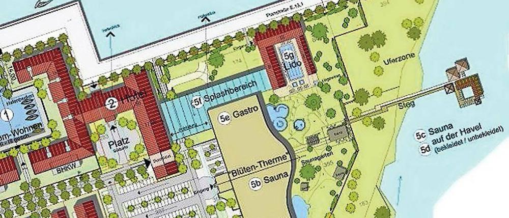Blüten-Resort der Planer. Auf Nachbargrundstücken der Therme sind neue Atrium-Wohnungen und ein Hotel (o. l.), zwei neue Außenbecken (o. M.) und eine abschließbare Wohnanlage – Gated Community – für wohlhabende Ältere (l. u. u.) geplant. Darstellung/
