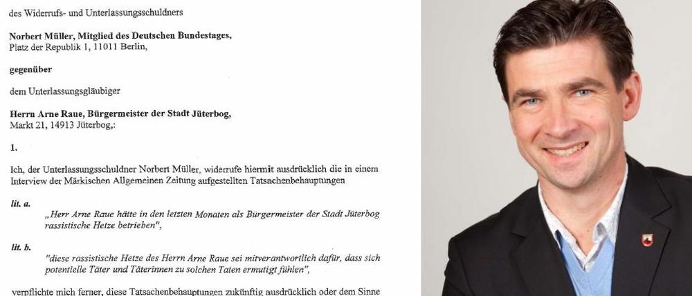 Jüterbogs Bürgermeister Arne Raue fordert vom Bundestagsabgeordneten Norbert Müller (Linke) eine Unterlassungserklärung. Screenshot: PNN /