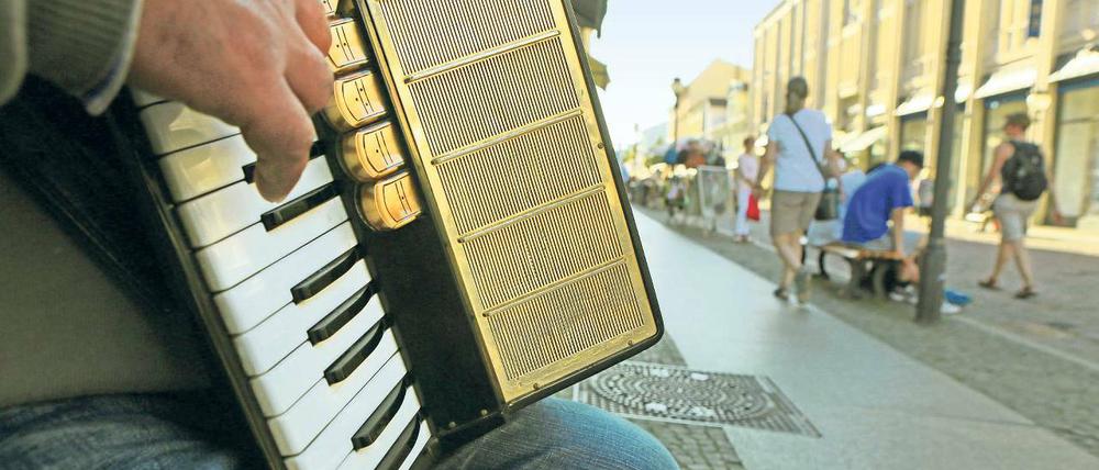 Genuss oder Qual? Ein Straßenmusiker sitzt auf der Brandenburger Straße und präsentiert seine Kunst. Gerade in den vergangenen Monaten versuchten viele dort ihr Glück.