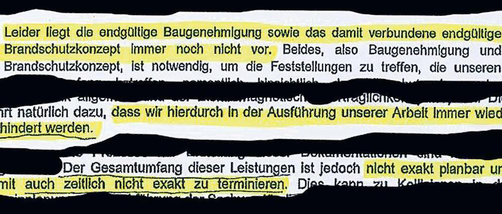 Auszug aus dem Brandbrief einer beteiligten Baufirma vom 6. Juli 2016, adressiert an BER-Technikchef Jörg Marks.
