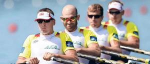 Das Weltmeisterboot startet zur olympischen Mission. Potsdams Schlagmann Hans Gruhne, Lauritz Schoof, Philipp Wende und Karl Schulze (v.l.n.r.) beim Weltcup-Rennen auf dem Rotsee in Luzern vor genau einem Jahr.