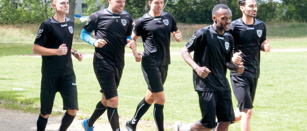Laufen statt Kicken. Nicht unbedingt zur Freude von Fußballern beginnt die Saisonvorbereitung mit Läufen um die Aschenbahn. Auch wenn Lukas Knechtel (l.), Mike Eglseder (M.) und Abdulkadir Beyazit (r.) neu beim SV Babelsberg sind, dürften sie das kennen – ebenso wie Marvin Gladrow und Merphi Kwatu.
