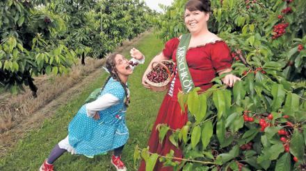 Mundraub in Glindow. Hella Propella (l.) mit der neuen Kirschkönigin Anika Wolf.