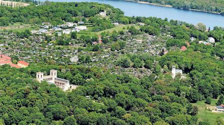 Privat oder öffentlich? Zwischen Campus Jungfernsee (oben links) und Villa Jacobs (oben rechts) liegt das umstrittene Areal. Im 19. Jahrhundert wurde es vom Hofgärtner Hermann Sello angelegt. Heute ist es zugewachsen.