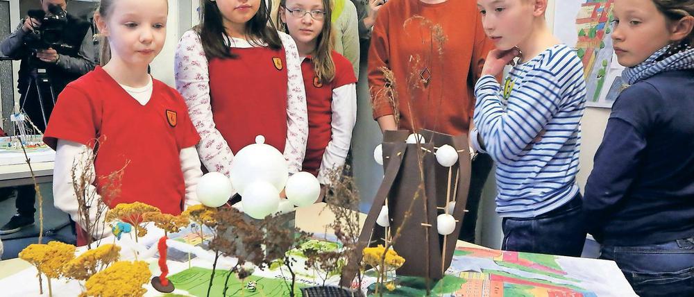 Kletter-Kuppeln und Fußballrasen. Viertklässler des Fröbel-Horts der Max-Dortu-Grundschule mit ihrem Modell für die Plantage.