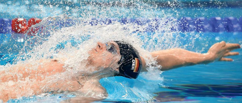 Dem Ziel entgegen. Der Potsdamer Christian Diener wurde bei der Europameisterschaft 2014 Zweiter über 200 Meter Rücken. Er will bei Olympia in Rio erneut antreten