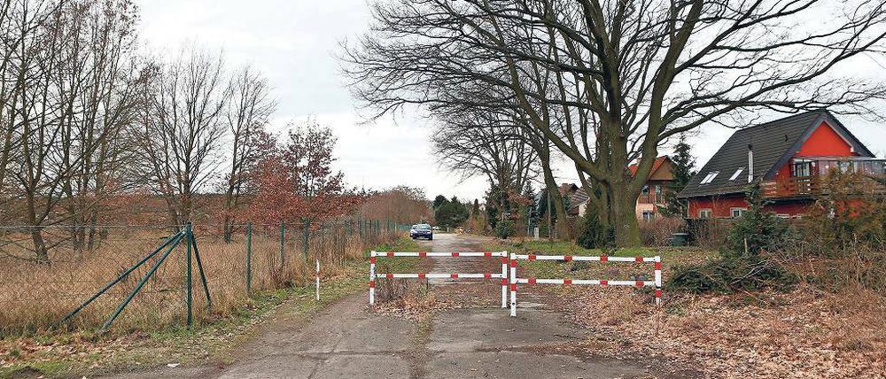 Bewachsenes Bauland. Gegenüber Glindows letzten Häusern soll Gewerbe entstehen. Zur Verkehrsberuhigung hat die Stadt Durchgangsverkehr durch ein Gitter verhindert.