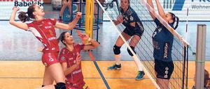 In vielen Belangen wertvoll. Lisa Gründing (links) ragte in einem guten Potsdamer Team heraus. Die Mittelblockerin war stark im Angriff und in der Abwehr. Zudem setzte sie die Volleystars mit guten Aufschlägen unter Druck.