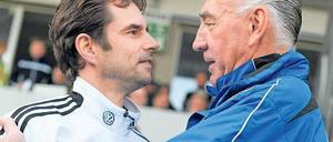 Respekt unter Rivalen. VfL-Trainer Ralf Kellermann (l.) und Bernd Schröder von Turbine Potsdam treffen mit ihren Teams gleich zweimal binnen vier Tagen aufeinander.