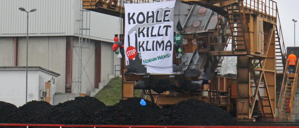 Protest gegen Braunkohle. Über Stunden harrten Umweltschützer am Freitag bei frostigen Temperaturen an einem Kran im Hafen von Königs Wusterhausen aus.