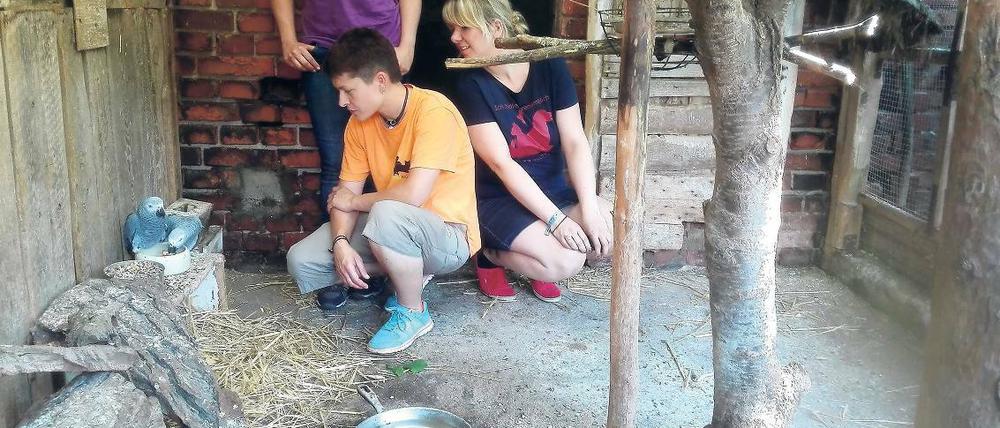 Helfer für den Gnadenhof. Die stellvertretende Vorsitzende der Bad Belziger Tiertafel, Antje Wenger (r.), schaut nach den Papageien. Die meisten Tiere blieben vom Feuer verschont, es fehlt aber Geld für ihr Futter.