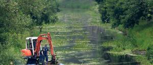 Bisher ergebnislos. Polizisten suchten auch am Freitag nach dem vermissten Elias aus Potsdam. Dafür wurde der Wasserspiegel im Flüsschen Nuthe abgesenkt.