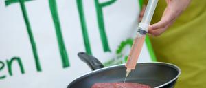 TTIP-Gegner demonstrierten in Hamburg mit einem "T-Bone-Steak vom geklonten Rind mit Hormon-Jus". Auch in Potsdam-Mittelmark gibt es Zweifel am Freihandelsabkommen.
