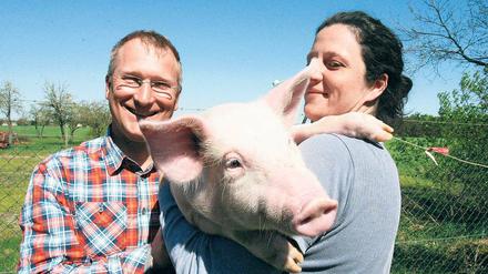 Glück mit Schwein. Andreas Vogel mit seiner Schweineflüsterin Christine Jape.
