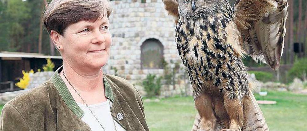 Hoch hinaus. Ilka Simm-Schönholz vom Wald-Jagd-Naturerlebnis e.V. mit Greifvogel Mani. Zum Falkenhof- Jubiläum zeigten die Vögel ihr Können.