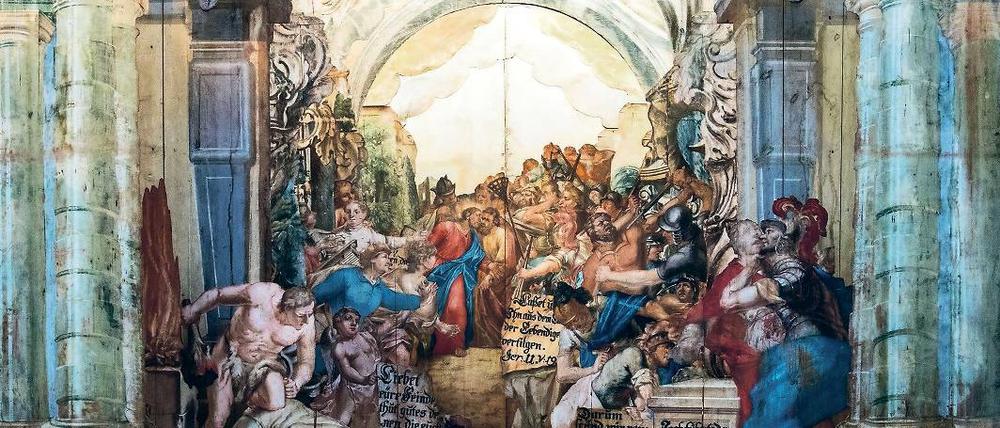 Altes Holz. Das Bühnenbild „Garten mit Judaskuss“ aus der Passionsdarstellung ist im neuen Museum vom Kloster Neuzelle zu sehen. Die bis zu sechs Meter hohen Leinwände und Holztafeln stammen aus der Zeit um 1750.