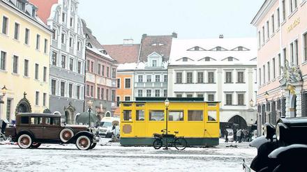 Vorzeigeproduktion. Dreharbeiten zu „The Grand Budapest Hotel“ auf dem Untermarkt in Görlitz.