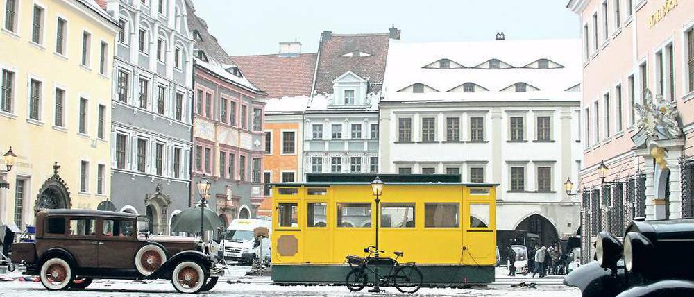 Vorzeigeproduktion. Dreharbeiten zu „The Grand Budapest Hotel“ auf dem Untermarkt in Görlitz.