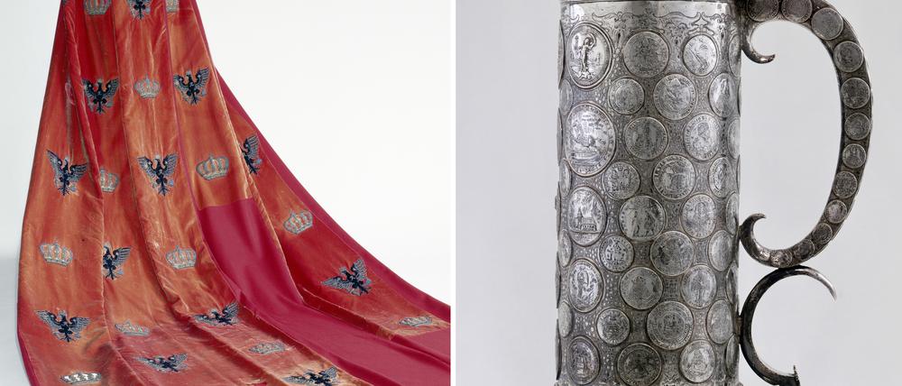 Der Krönungsmantel der Königin Augusta (l) und den Karl-Emil-Humpen sind bald in einer Ausstellung zu sehen.