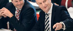 Regierende. Ministerpräsident Dietmar Woidke (SPD) und Christian Görke, Linke-Landeschef und weiterhin Finanzminister, auf der Regierungsbank im Landtag.