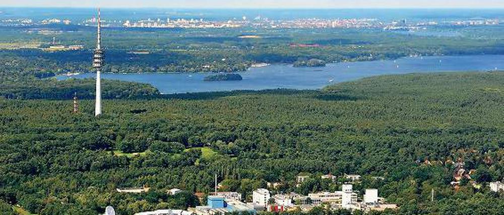 Forschung im Wald. Das Areal des Helmholtz-Zentrums aus der Luft gesehen. Es liegt im Düppeler Forst zwischen Havel (hinten) und Griebnitzsee.