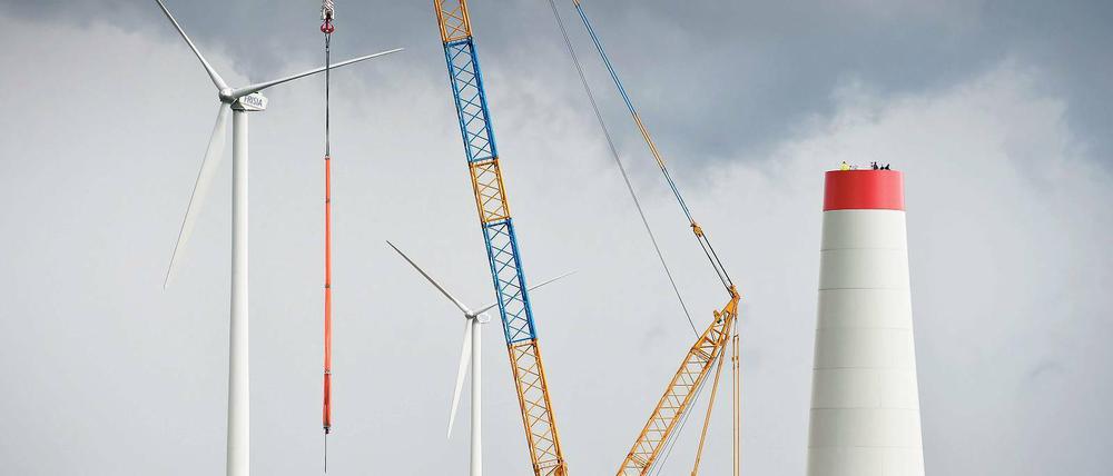 Immer größer. Die Windräder der neuen Generation sind nicht mehr 100, sondern 200 Meter hoch. Auf dem Bild wird ein solches modernes Windrad in einem älteren Windpark bei Frankfurt (Oder) aufgestellt.