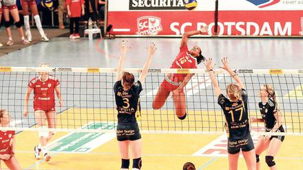 Ganz nah dran waren die Potsdamer Volleyballerinnen am Sieg gegen die Frauen aus Schwerin. Jessica Riveiro (Mitte, im Angriff) erzielte insgesamt 15 Punkte. Zur wertvollsten Spielerin vor 1274 Zuschauern wurde Michala Kvapilova gewählt, auf deren Konto insgesamt 25 Punkte gingen.