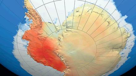 Fieber am Südpol. Die tiefrote Farbe der westlichen Antarktis (l.) zeigt die Stellen, die sich in den vergangenen 50 Jahren am stärksten erwärmt haben. Der Pine-Island-Gletscher (r.o.) unweit des Thwaites-Gletschers zeigte bereits 2012 eine 25 Kilometer lange Bruchlinie. In der Antarktis könnte es in Zukunft zu einer verheerenden Kettenreaktion kommen.