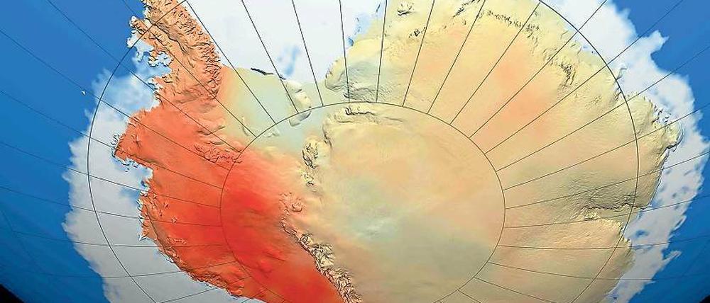 Fieber am Südpol. Die tiefrote Farbe der westlichen Antarktis (l.) zeigt die Stellen, die sich in den vergangenen 50 Jahren am stärksten erwärmt haben. Der Pine-Island-Gletscher (r.o.) unweit des Thwaites-Gletschers zeigte bereits 2012 eine 25 Kilometer lange Bruchlinie. In der Antarktis könnte es in Zukunft zu einer verheerenden Kettenreaktion kommen.